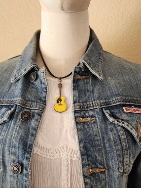 Yellow Guitar Pendant Necklace on Black Cord